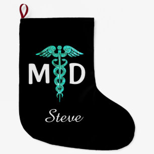 Doctor MD Caduceus Symbol Medical Turquoise Black Large Christmas Stocking