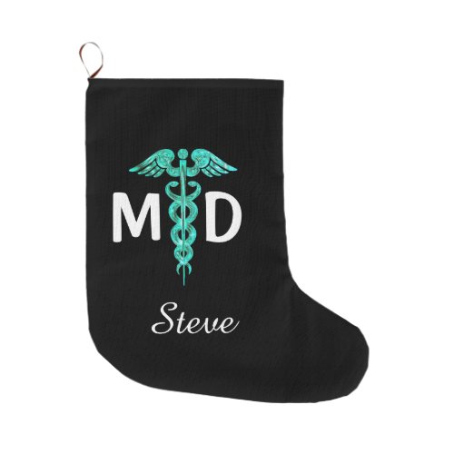 Doctor MD Caduceus Symbol Medical Turquoise Black Large Christmas Stocking
