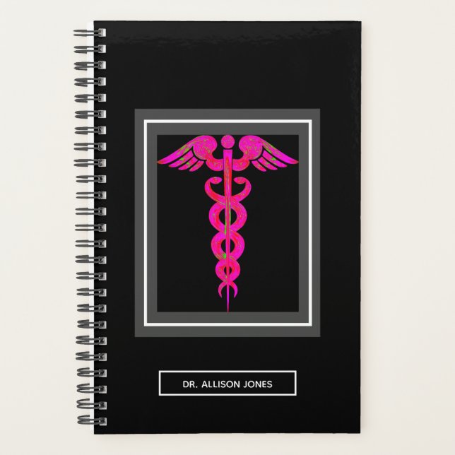 Doctor Medical Black Pink Caduceus Personalized Planner (Front)