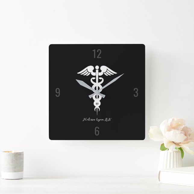 Doctor Medical Caduceus Black Professional Custom Square Wall Clock (Home)