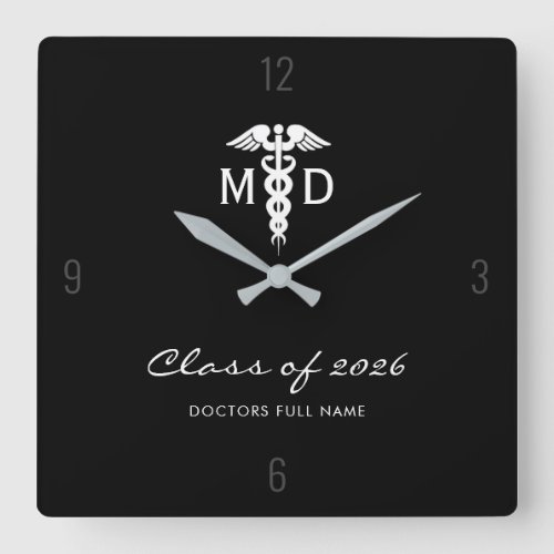 Doctor Medical Caduceus Black White Custom Square Wall Clock