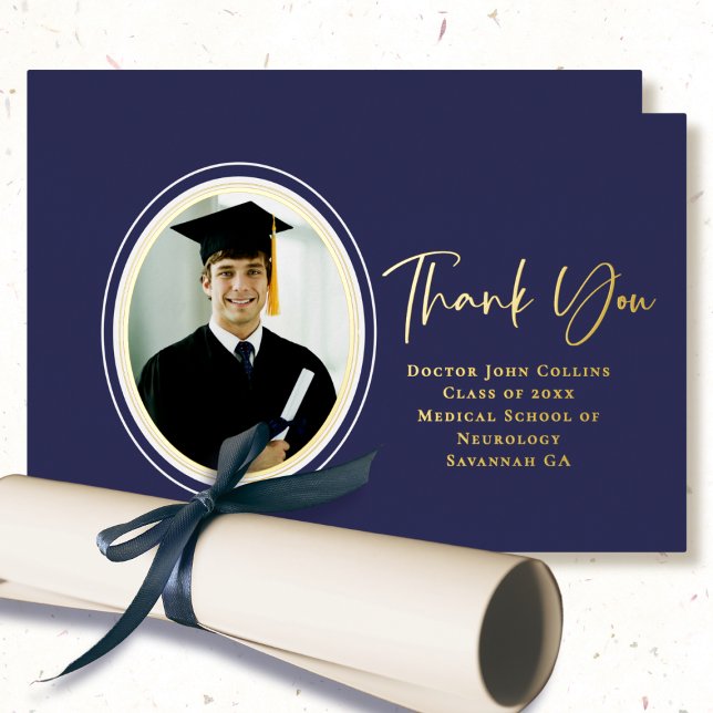 Doctor Medical Graduation Elegant Navy Thank You Foil Invitation (Creator Uploaded)