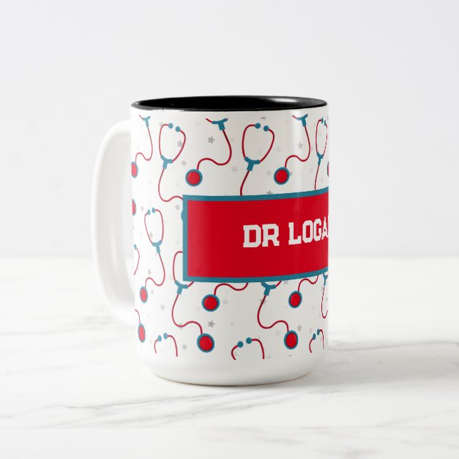 Doctor name custom stethoscope medical gift Two-Tone coffee mug (Front Left)
