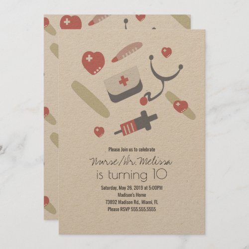 Doctor Nurse Birthday Party Medical Pattern Kraft Invitation