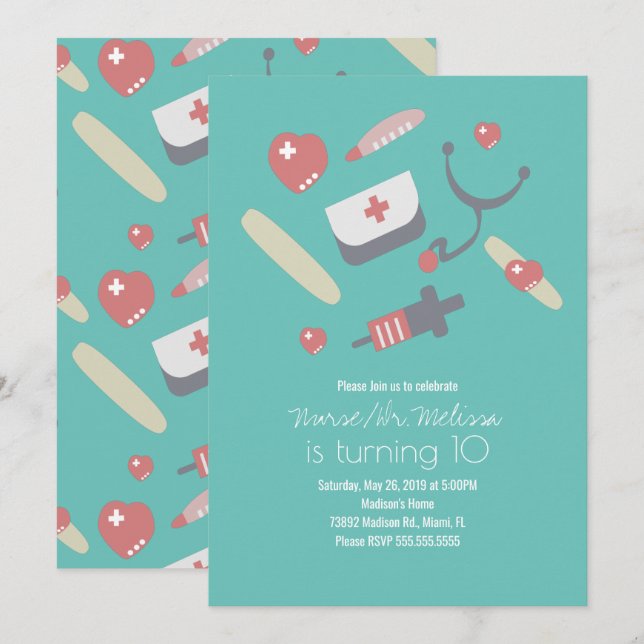Doctor Nurse Birthday Party Medical Pattern Pink Invitation (Front/Back)