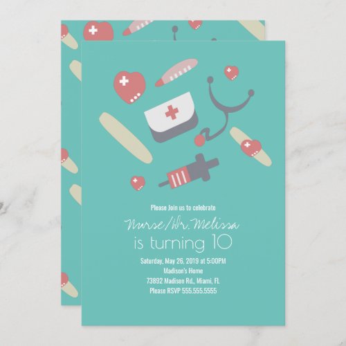 Doctor Nurse Birthday Party Medical Pattern Pink Invitation