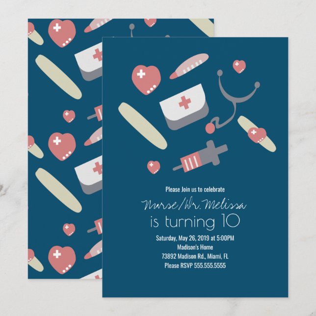 Doctor Nurse Birthday Party Medical Pattern Pink Invitation (Front/Back)