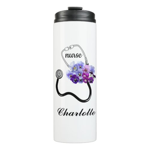 Doctor Nurse Stethoscope Blue Pansy Floral Thermal Tumbler