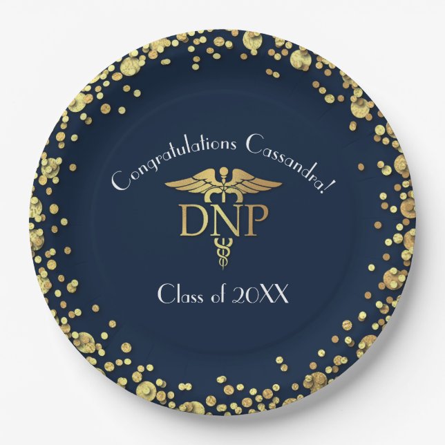 Doctor Nursing Practice Graduation Navy Blue Gold Paper Plates (Front)