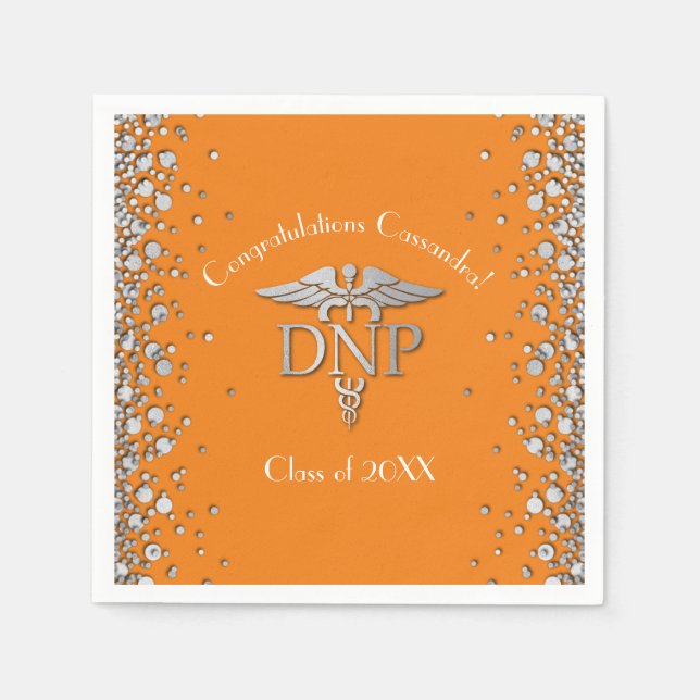 Doctor Nursing Practice Graduation Orange Silver Napkins (Front)