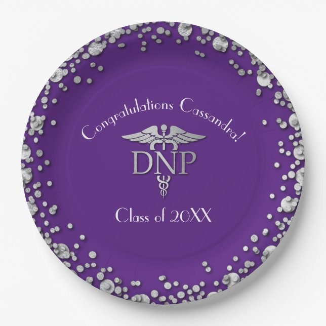 Doctor Nursing Practice Graduation Purple Silver Paper Plates (Front)