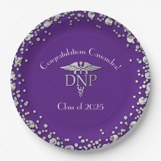 Doctor Nursing Practice Graduation Purple Silver Paper Plates (Front)