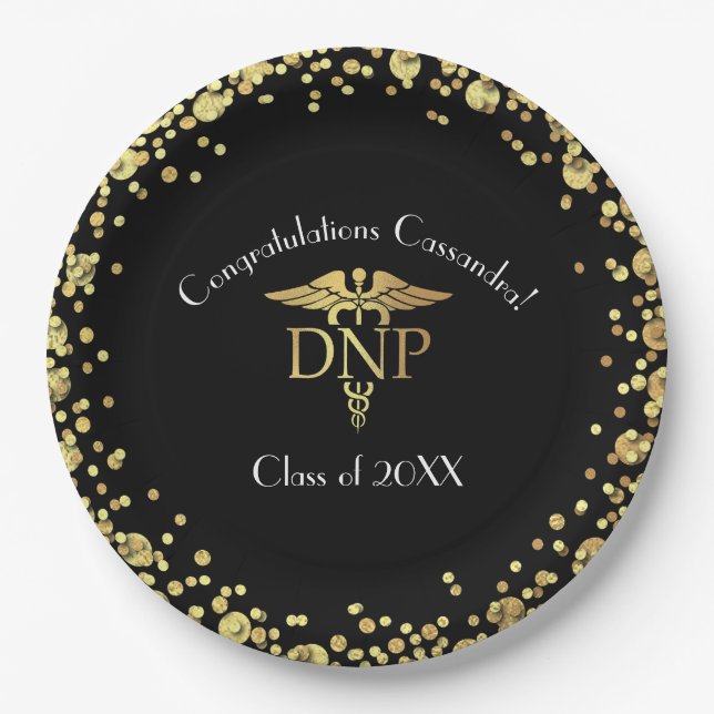 Doctor of Nursing Practice Graduation Black Gold Paper Plates (Front)