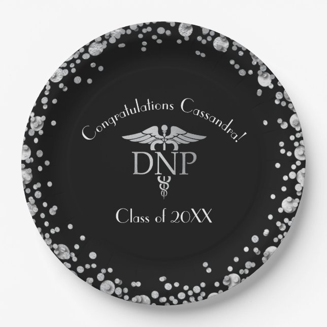 Doctor of Nursing Practice Graduation Black Silver Paper Plates (Front)