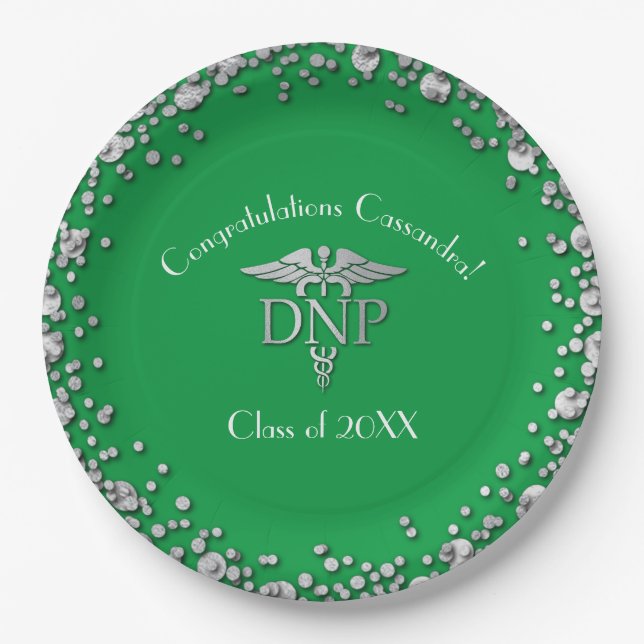 Doctor of Nursing Practice Graduation Green Silver Paper Plates (Front)