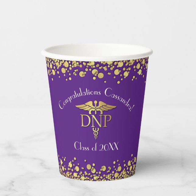 Doctor of Nursing Practice Graduation Purple Gold Paper Cups (Front)