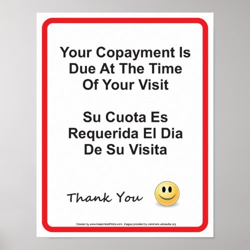 Doctor Office Copayment Wall Sign English Spanish