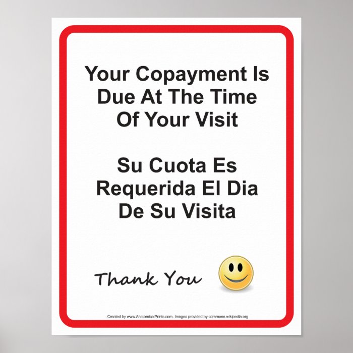 Doctor Office Copayment Wall Sign English Spanish Print