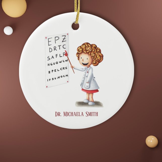 Doctor Optometrist Blonde Girl Christmas Ceramic Ornament (Cute girl doctor or nurse optometrist graduation first christmas keepsake)