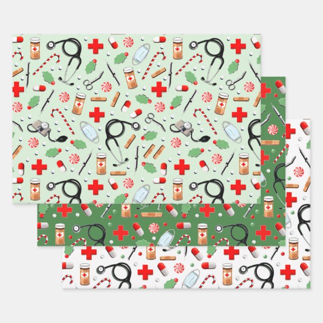 Doctor or Nurse Christmas Holiday Gift Wrapping Paper Sheets (Set)