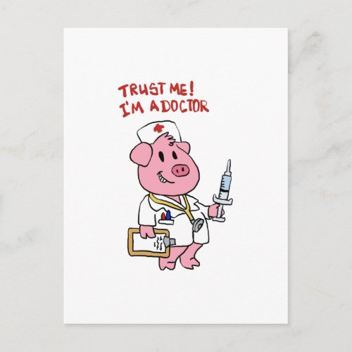 Doctor pig with syringe in hand  choose back colo postcard