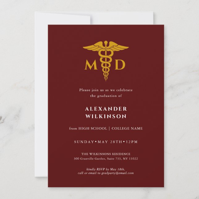 Doctor Red Gold Modern Medical School Graduation Invitation (Front)