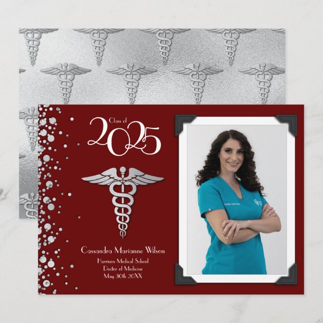 Doctor Silver Graduation Announcement Maroon Photo (Front/Back)