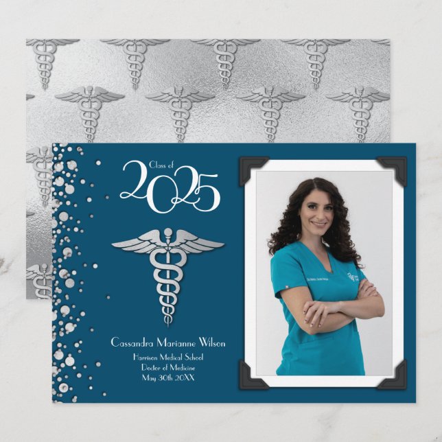 Doctor Silver Graduation Announcement Navy Blue (Front/Back)