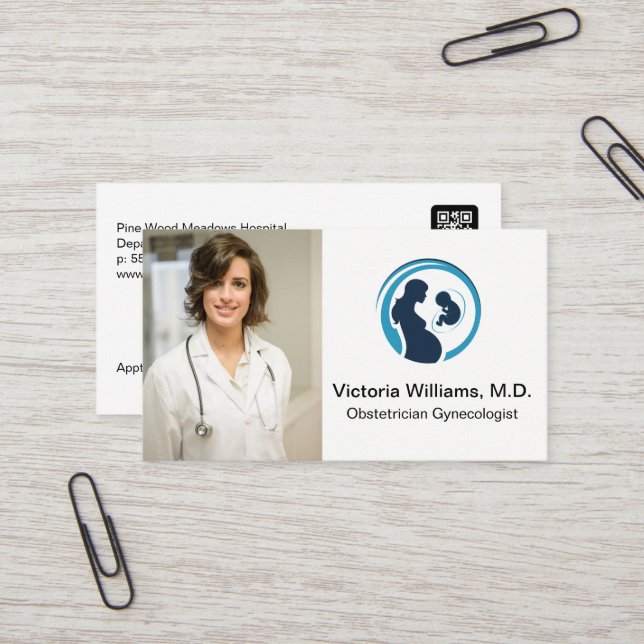 Doctor Smiling | Obstetrician Gynecologist Logo Business Card (Front/Back In Situ)