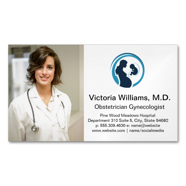 Doctor Smiling | Obstetrician Gynecologist Logo Business Card Magnet (Front)