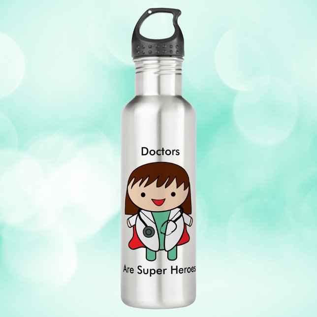 Doctors Are Super Heros Female Kawaii Stainless Steel Water Bottle (A water bottle with a picture of a female doctor and the text, "Doctors Are Super heroes".)