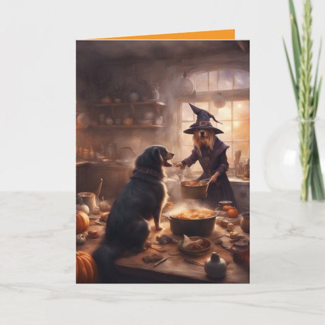 Dod witch in the kitchen on Halloween greeting Card (Front)