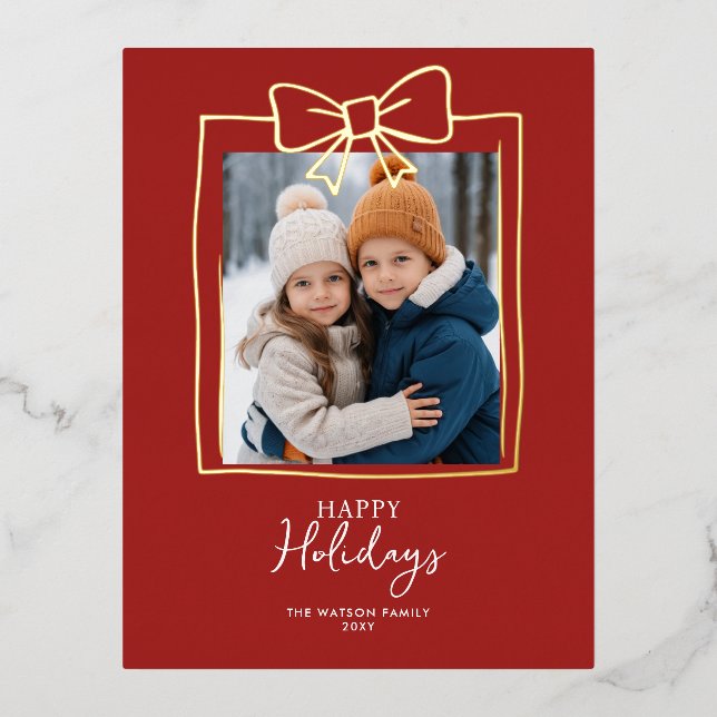 Doddle Hand Drawn Bow Christmas Photo Foil Holiday Postcard (Front)