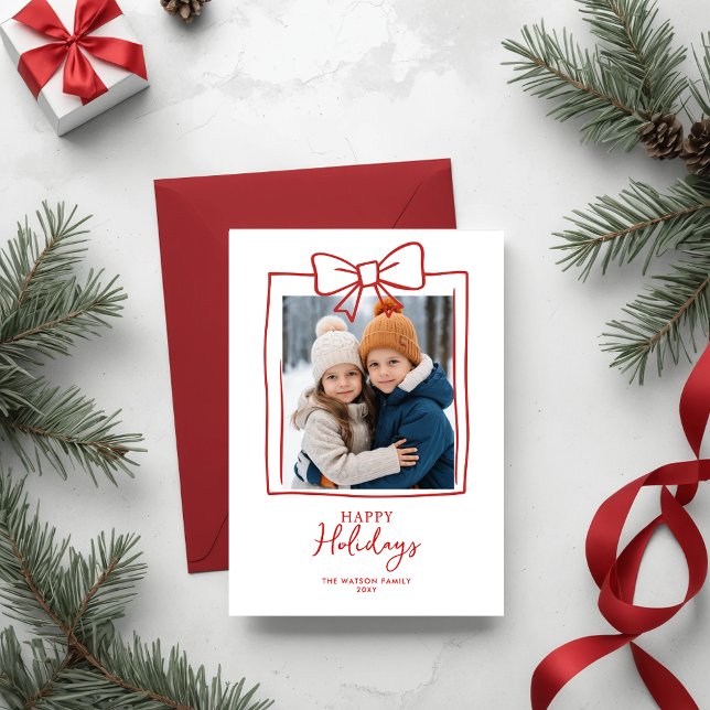 Doddle Hand Drawn Bow Christmas Photo Holiday Post Postcard (Cute Red Christmas Hand-Drawn Bow Ribbon Holiday Card)