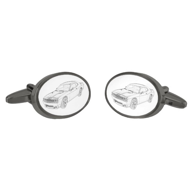 Dodge Challenger Black and White Pencil Drawing Gunmetal Finish Cufflinks (Angled)