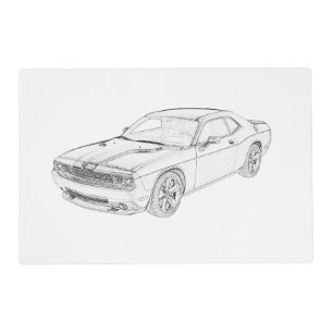 Dodge Challenger Black and White Pencil Drawing Placemat