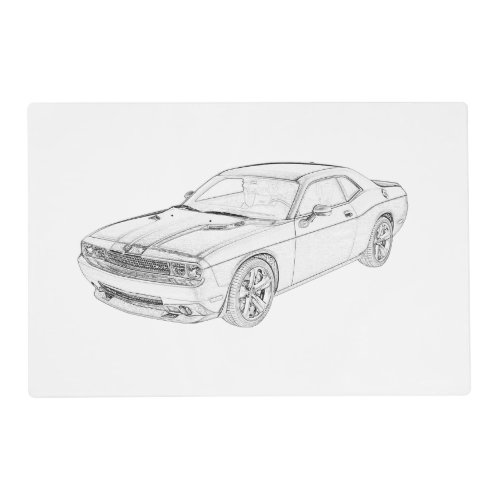 Dodge Challenger Black and White Pencil Drawing Placemat