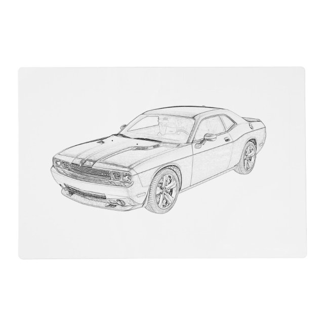 Dodge Challenger Black and White Pencil Drawing Placemat (Front)