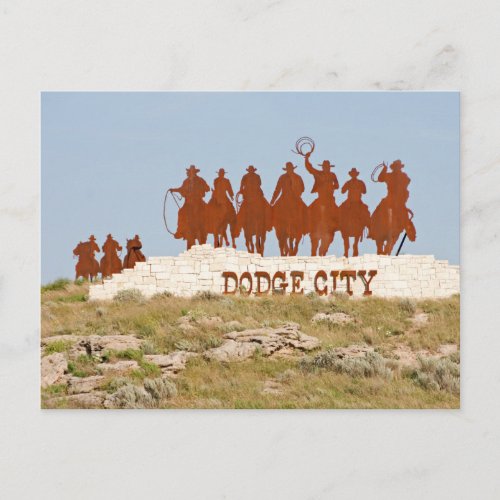 Dodge City Sign _ Cowboys _ Horses _ Welcome Postcard