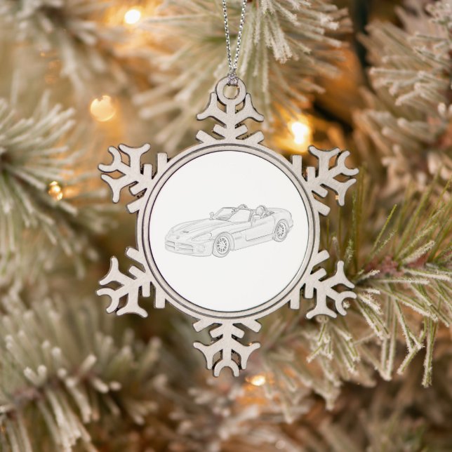 Dodge Viper Mopar Muscle Car Black and White Art Snowflake Pewter Christmas Ornament (Tree)