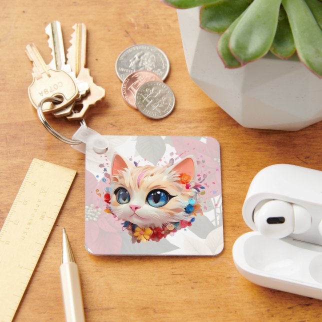 Dodo chic cute emotional cute cat pink background  keychain (Desk)