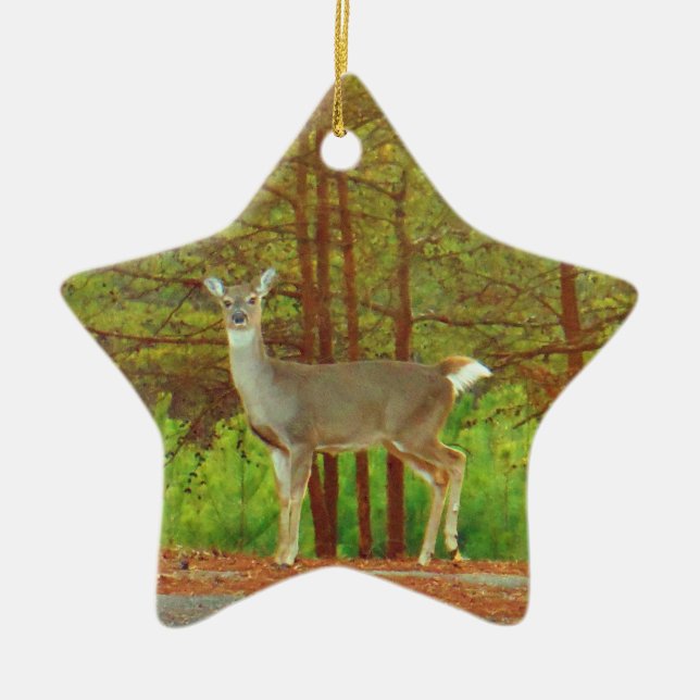 Doe  a deer on the edge of woods ceramic ornament (Front)
