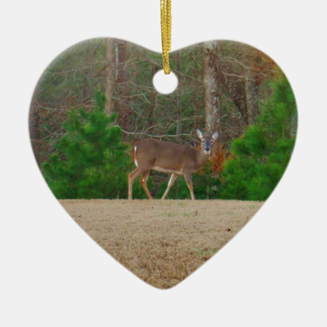 Doe a Deer & Pine Trees Ceramic Ornament (Front)