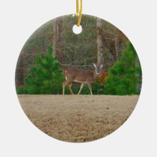 Doe a Deer & Pine Trees Ceramic Ornament (Front)