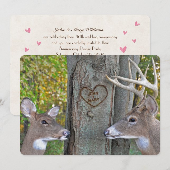 doe and buck by tree with carved heart anniversary invitation (Front/Back)