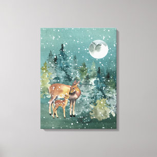 Doe and Fawn Deer Forest Full Moon Snowfall Canvas Print
