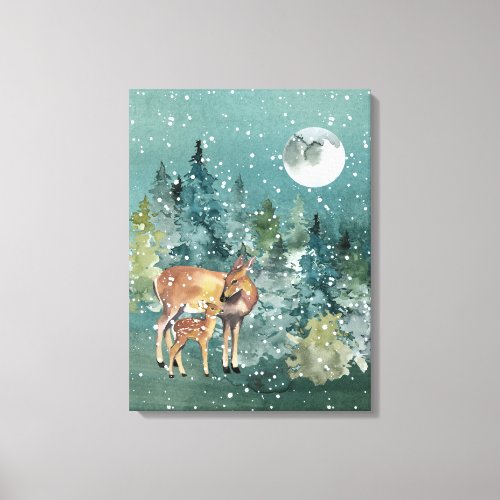 Doe and Fawn Deer Forest Full Moon Snowfall Canvas Print