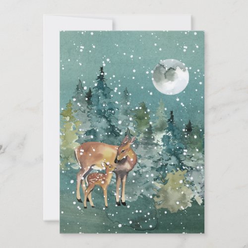 Doe and Fawn Deer Forest Full Moon Snowfall Holiday Card