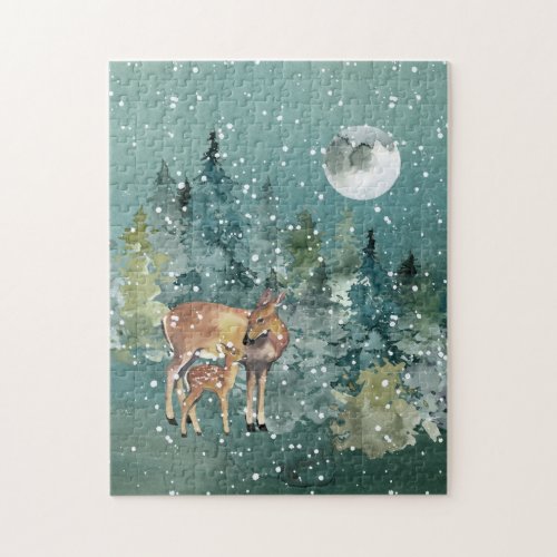 Doe and Fawn Deer Forest Full Moon Snowfall Jigsaw Puzzle