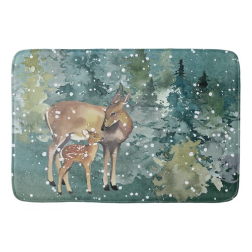 Doe and Fawn Deer in Forest Full Moon Snowfall Bath Mat